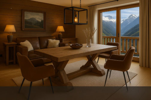Altholz-Esstisch mit Kreuzgestell im Loft-Apartment mit Alpenblick – moderner Chaletstil