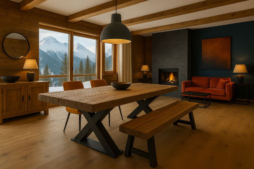 Esstisch mit X-Gestell aus Altholz in stilvoller Loftwohnung in Verbier – rustikaler Chic trifft Moderne