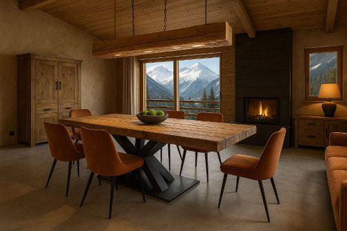 Massiver Esstisch aus Altholz in Kaminwohnung bei Arosa – elegante Kombination aus Holz und Feuer