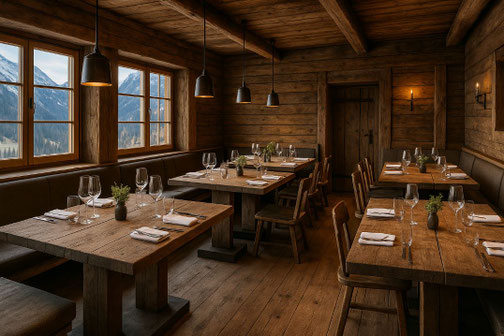 Hüttenrestaurant mit Altholz-Tafeltischen aus Eiche und Panoramablick – gemütlicher Stil mit alpinem Flair