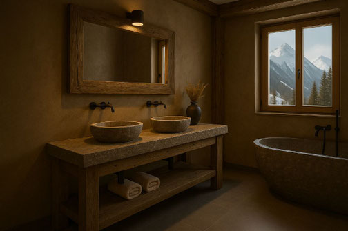 Altholz-Waschtisch mit Naturstein im Chaletbad in Davos – stilvolle Kombination aus Stein, Holz und Ausblick