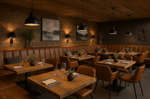 Exklusives Restaurant mit Altholztischen, Ledermöbeln und Wandvertäfelung im Chaletstil – edle Gastronomieeinrichtung in Österreich