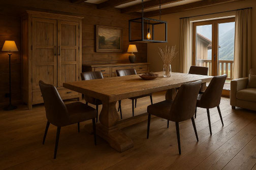 Klostertisch aus massiver Eiche mit Bergblick in Graubünden – traditionelle Schweizer Einrichtung