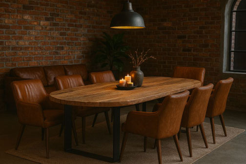 Esstisch Colin oval aus antiker Eiche mit schwarzem Kufengestell – Altholzdesign
