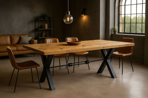 Esstisch Lorenzo aus massiver Eiche mit X-Gestell und zentraler Stahlstrebe – Altholzdesign