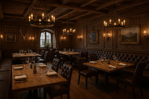 Traditionelles Wirtshaus mit rustikalen Eichentischen, Altholzvertäfelung und edlem Lichterambiente – gemütlich und stilvoll