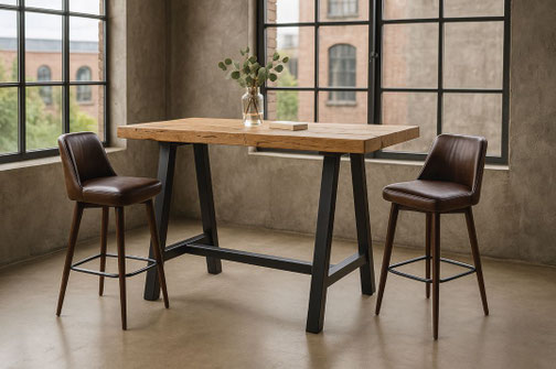 Stehtisch ST12 aus massiver Altholzeiche mit stabilem A-Gestell aus schwarzem Stahl im modernen Industrial Design