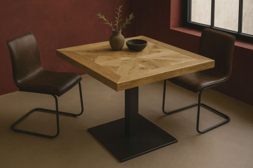 Bistrotisch BT10 mit quadratischer Eichenplatte und Sternintarsie auf schwarzem Stahlfuß im modernen Industrial Design
