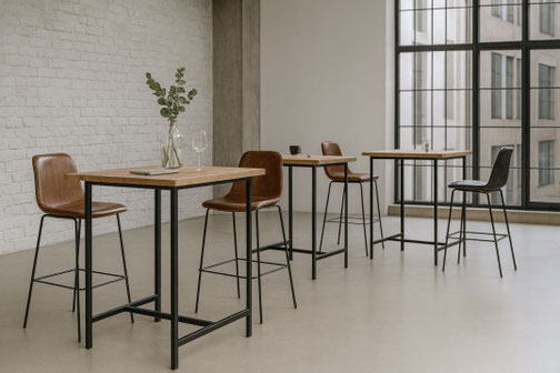 Hochtisch ST4 aus heller Eiche mit filigranem Stahlgestell im modernen Loftstil, handgefertigt für Gastronomie und Wohnräume