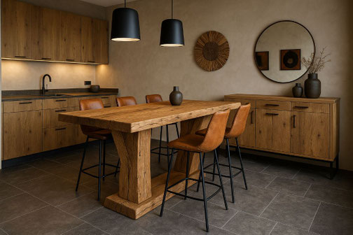 Moderne Altholzküche mit massivem Hochtisch aus Eiche und Lederhockern in natürlichen Erdtönen – stilvolle Wohnküche