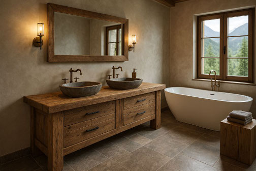 Badmöbel aus Altholz-Eiche mit Natursteinbecken und rustikaler Wandgestaltung im Chaletstil – stilvolle Badinspiration