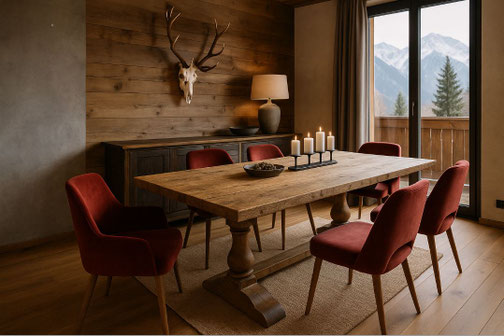 Rustikaler Esstisch aus Altholz mit Kerzen und roten Samtstühlen im stilvollen Chaletstil mit Bergblick