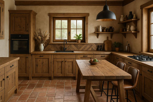 Traditionelle Altholzküche aus Eiche mit Cottoboden und italienischem Landhausstil – stilvolle Wohninspiration