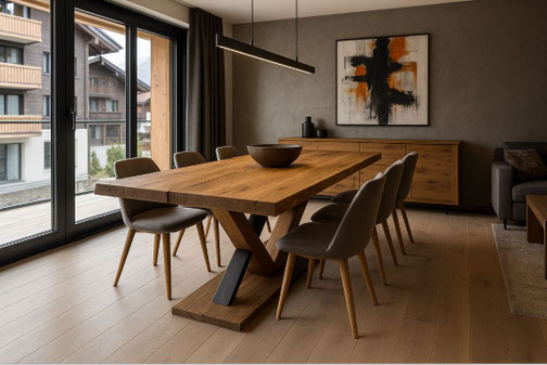 Massiver Eichen-Esstisch mit V-Gestell in moderner Designerwohnung mit abstrakter Kunst und klarer Linienführung