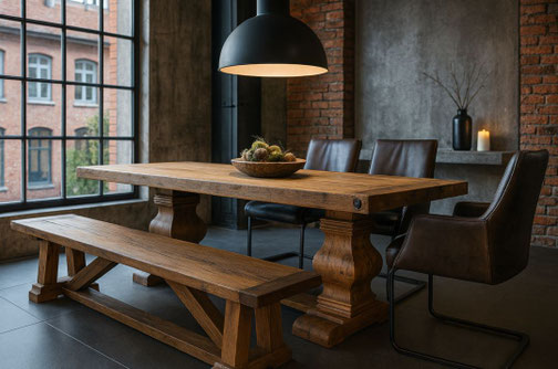 Esstisch Zabel Klostertisch aus antiker Eiche mit gedrechseltem Balusterfuß – Altholzdesign