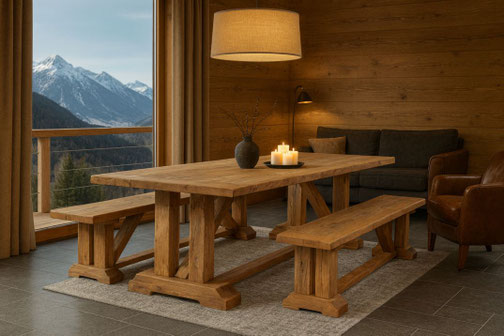 Esstisch Balthasar massiver Klostertisch aus antiker Eiche mit Doppelfußgestell – Altholzdesign