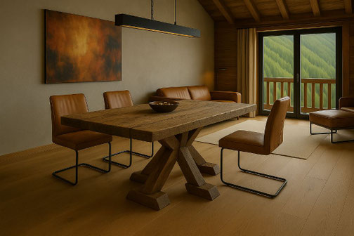 Designer-Esstisch aus Altholz mit Spidergestell in exklusivem Loftchalet bei Zermatt – modernes Alpenambiente