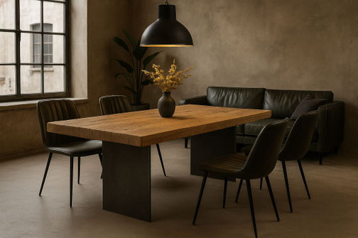 Esstisch Matteo aus massiver Eiche mit Stahlwangen-Gestell – Altholzdesign