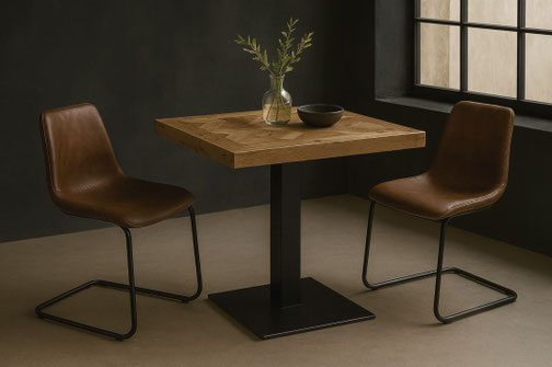 Bistrotisch BT8 mit quadratischer Eichenplatte und Mosaikmuster auf schwarzem Stahlfuß im modernen Industrial Design