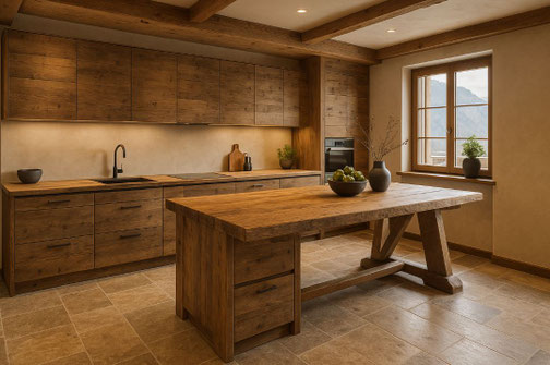 Moderne Landhausküche aus Altholz mit großem Eichentisch mit Schubkästen als Kücheninsel