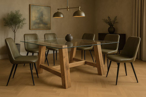 Esstisch Louis mit A-Gestell aus Eiche & Glasplatte