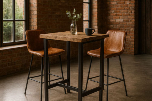Stehtisch ST14 aus massiver Altholzeiche mit schwarzem Vierfuß-Stahlgestell im Industrial Loft Design