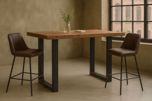 Stehtisch ST6 aus massiver Altholzeiche mit modernem U-Stahlgestell im Chaletstil, handgefertigt für Designküchen und Wohnräume