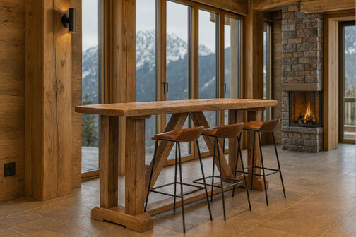 Stehtisch ST1 aus antiker Eiche mit massivem Holzgestell im Chaletstil, handgefertigt in rustikalem Alpenambiente