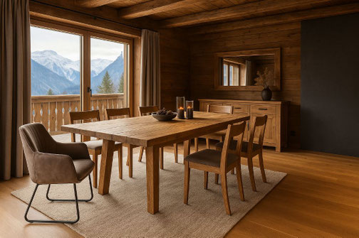 Esstisch aus rustikaler Eiche im modernen Chaletstil mit Panoramablick auf die Berge – stilvolle Wohnatmosphäre in Österreich