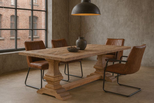 Esstisch Rune Klostertisch aus antiker Eiche mit Baluster-Mittelfuß – Altholzdesign