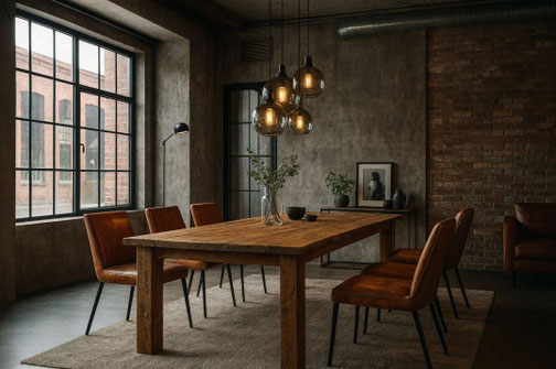 Esstisch Nemo aus antiker Eiche mit Zarge und geraden Beinen – Altholzdesign