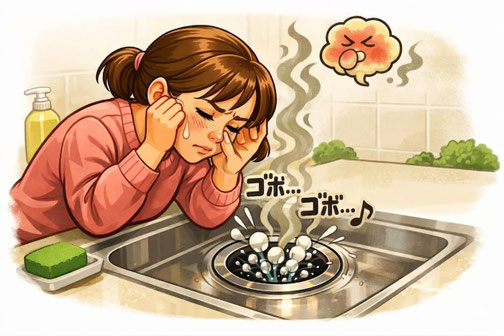 女性が排水口の悪臭に鼻をつまみ、ゴボゴボ音に耳を傾ける症状イラスト。