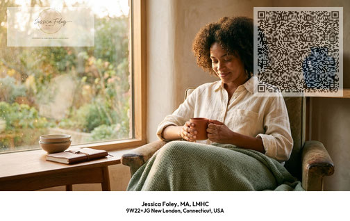 woman attending online therapy session at home QR code Jessica Foley LMHC