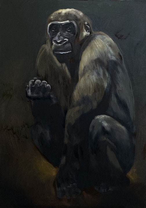 Painting of a gorilla with a dark background