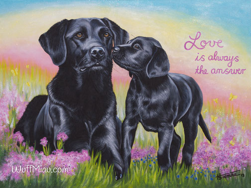 Hundegemälde "Labrador Gaia mit Welpe - Love is always the answer"