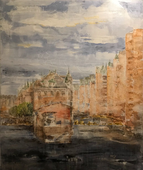 „Speicherstadt“ / 2016 / Baumaterialien-Mischtechnik auf Leinwand 100 x 120 cm