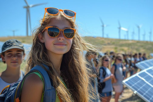 Kinder in einem Solarpark auf Klassenfahrt mit Schüler-Reiseschutz der ERGO Reiseversicherung