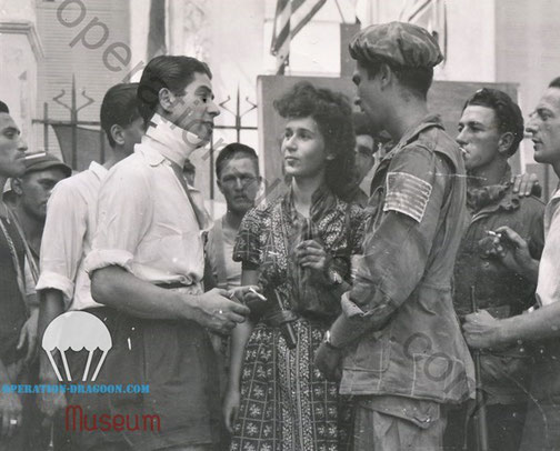 Marc Raynaut Chief Free french of St Tropez, Nicole Celebonovich, second in command and 509th paratrooper Winfred D. EASON. after the liberation of the town.