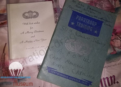 John BRADOVICH Fort benning booklet with gradutation jumps list, and John Alicky 1943 christmass card.