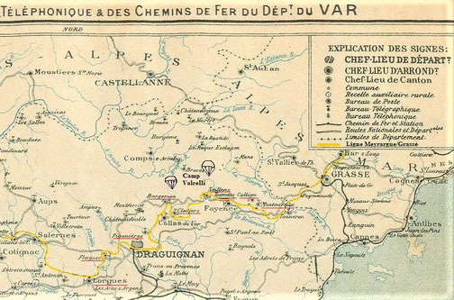 Carte des années 30 du réseau ferré Var. avec en jaune la ligne Meyrargue/Grasse qui fut utilisée par la résistance.