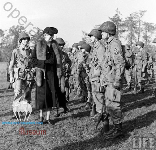 Eleonora Rosevelt visiting the 509 at Chilton Foliat . England. 1st commander RAFF on back right. 1942