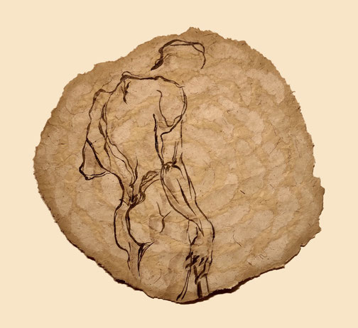 Magali-Nourissat-dessin-encre-papier-beige-brun-homme-nus-dos-gladiateur