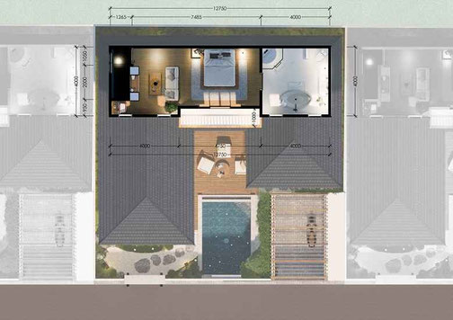 Private pool and garden with wooden deck and tropical plants in this Sanur villa.
