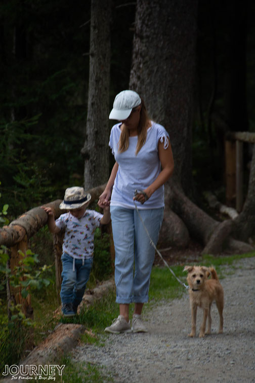 Mutter mit und Hund geht spazieren am Arbersee