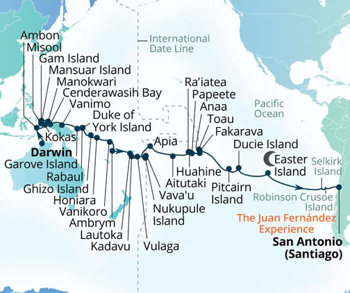 Reiseroute mit Seabourn Pursuit von Darwin nach San Antonio