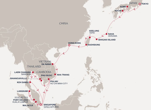 Routenkarte Tokyo nach Singapur mit der EXPLORA III