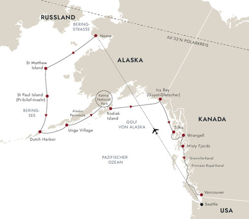 Reiseroute mit MS Fridtjof Nansen von Seattle nach Vancouver
