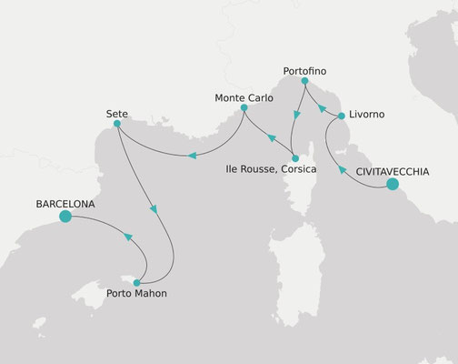 Routenkarte von Civitavecchia nach Barcelona mit Crystal Serenity
