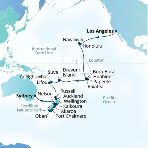 Route der Seabourn Sojourn - Etappenreise 2026 Südpazifik