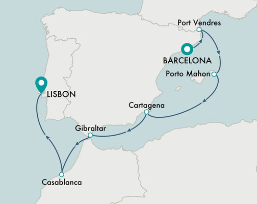 Routenplan Crystal Symphony - von Barcelona nach Lissabon